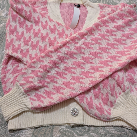 Pink Preppy Womens Houndstooth Pattern Lantern Sleeve Cardigan - Picture 12 of 12